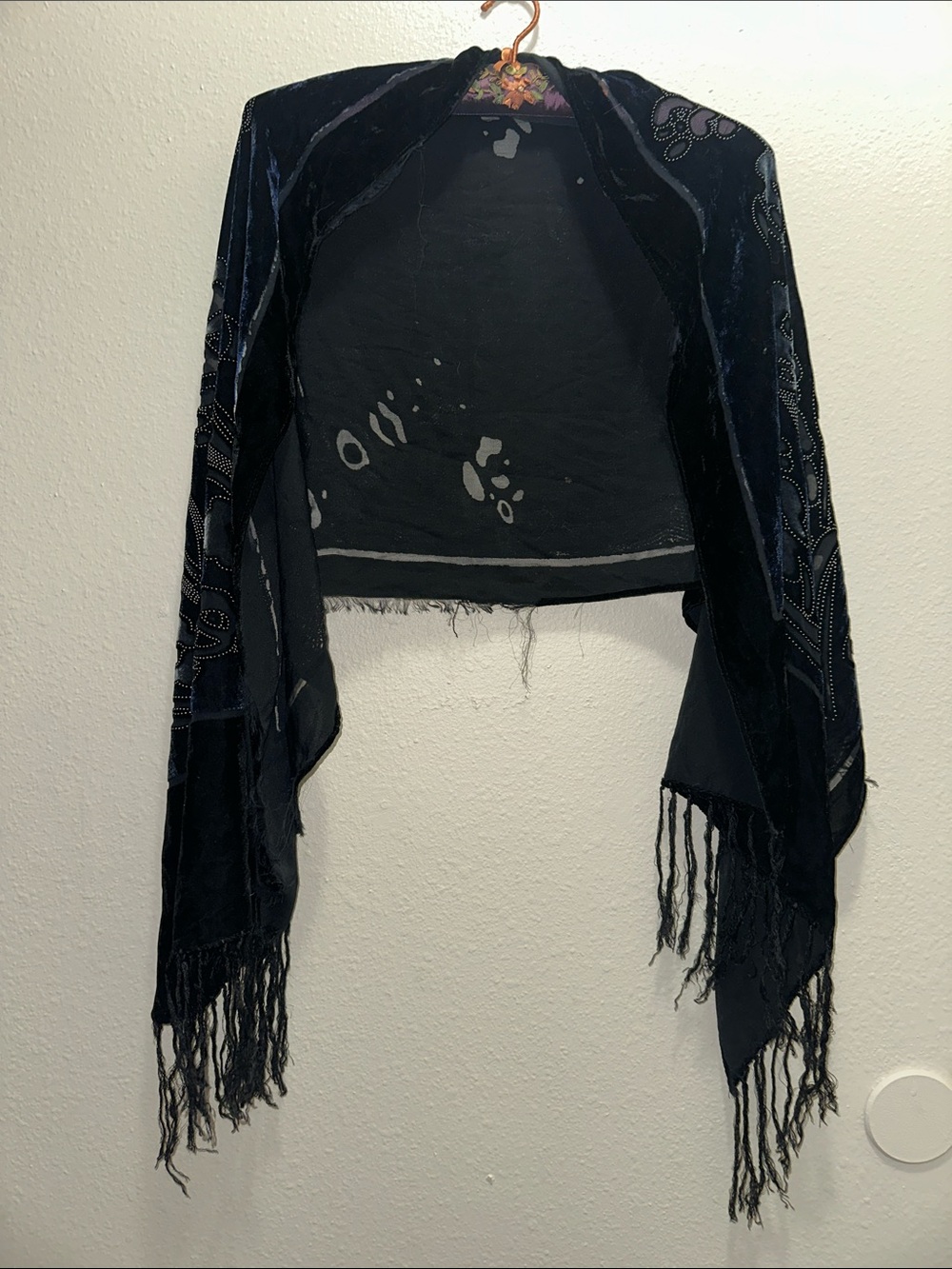Women's Velvet Fringe Wrap Scarf - Black